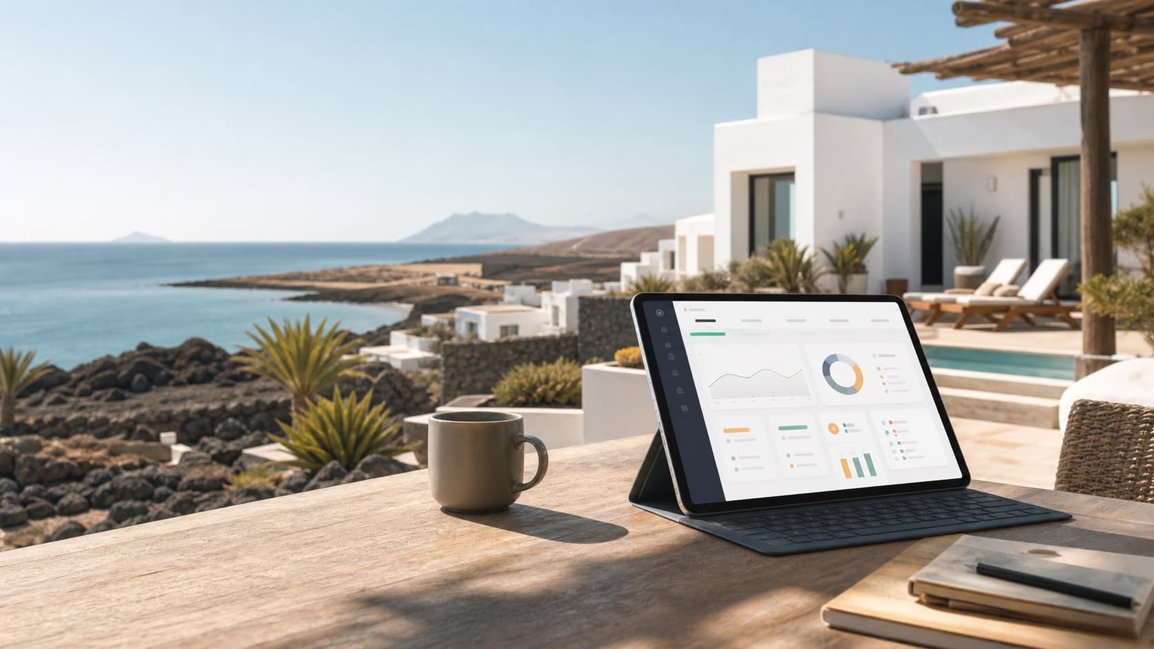 FuerteOps Projektvisual mit Ferienimmobilien auf Fuerteventura und abstraktem Dashboard